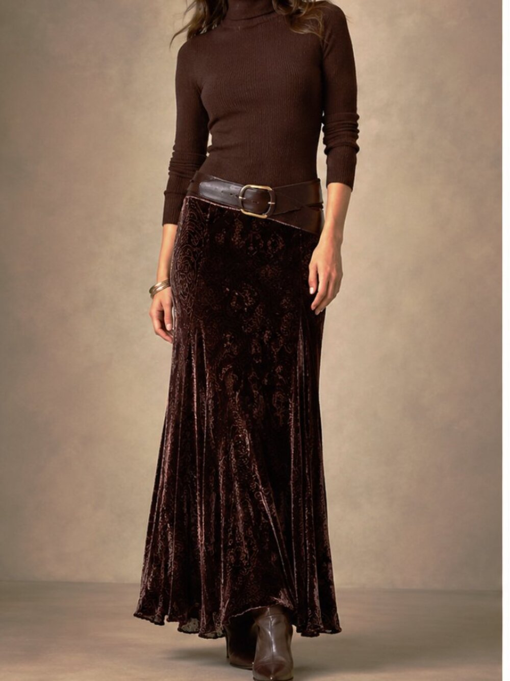 Ralph Lauren Vintage Dark Chocolate Romantic Velvet Burnout Maxi Skirt size 6